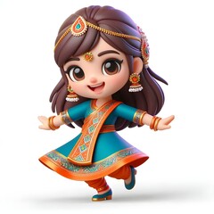 3d cartoon Cheerful Young Girl in Traditional Indian Dress Dancing