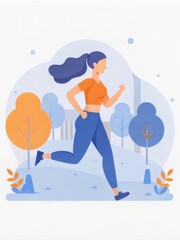 Woman running outdoors, flat style illustration, blue and orange colors, fitness concept