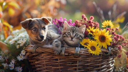 Wall Mural - Peaceful Harmony - Cat and Dog in Basket Surrounded by Vibrant Flowers