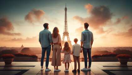 rear view of people enjoying sunset at tower Eiffel in Paris