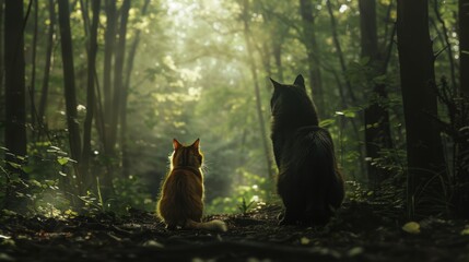 Wall Mural - Furry Friends' Woodland Wanderings - Curious Cat and Playful Dog Exploring the Forest Together