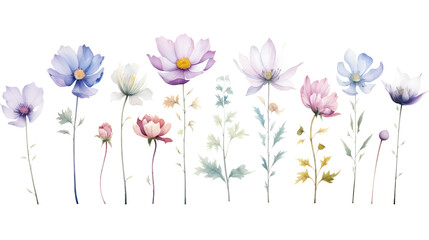 Wall Mural - set of watercolor wildflowers painting isolated on clear png background and transparent background. 
