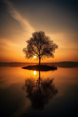 Wall Mural - tree, sunset and reflection generative ai