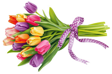 Whimsical wedding bouquet of mixed tulips in bright colors, bound with a polka-dot ribbon, isolated on a white background.