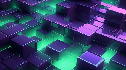 3d rendering of green and purple abstract geometric background. Scene for advertising, technology, showcase, banner, game, sport, cosmetic, business, metaverse. Sci-Fi Illustration. Product display