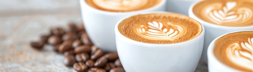 Delicious cappuccino cups with frothy latte art, surrounded by fresh coffee beans on a wooden surface.