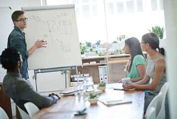 Aufkleber - Leadership, man and team or charts in office for meeting, business or presentation for project. Collaboration, brainstorming or group and diversity in conference room for planning or idea for company
