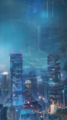 Poster - Futuristic cityscape with interconnected digital lines and glowing data points. Representing smart city technology, connectivity, and innovation. digital transformation urban infrastructure 