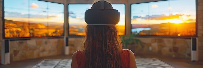 Wall Mural - A woman wearing a VR headset gazes at a beautiful sunset