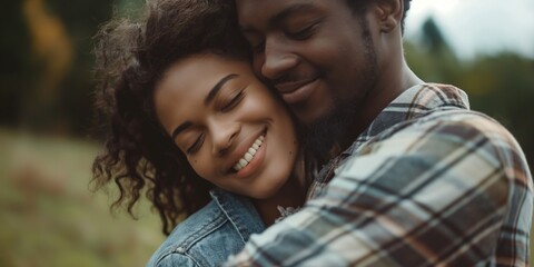 Wall Mural - An affectionate couple embraces in a sunny meadow, enjoying a romantic moment together.