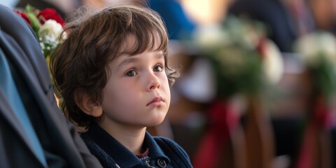 Wall Mural - A boy sits alone at a funeral ceremony, expressing grief and sadness during a solemn moment.