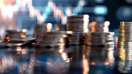 Poster - Stacks of coins with a financial graph in the background. Symbolizing wealth, investment, and market trends. Ideal for financial analysis and economic growth concepts 