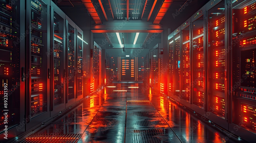 A futuristic server room with rows of glowing red and blue lights ...
