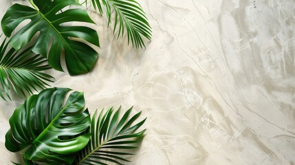 Poster - Tropical leaves arrangement on marble surface with text space