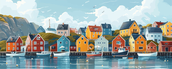 Wall Mural - A painting of a town with many houses and boats on the water. The mood of the painting is peaceful and serene