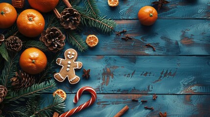 Canvas Print - Festive Holiday Arrangement with Gingerbread Man Tangerines Fir Tree Pine cones Cinnamon Candy Canes on Blue Wooden Background