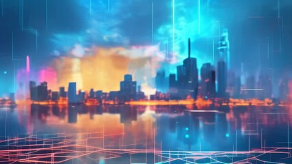 Poster - Abstract cityscape with vibrant colors and digital elements. urban innovation, technology, and futuristic infrastructure. Ideal for themes of digital transformation and modern city development 