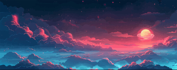 Wall Mural - Dreamy celestial realm with floating islands, ethereal clouds, and shimmering starlight. Vector flat minimalistic isolated illustration.