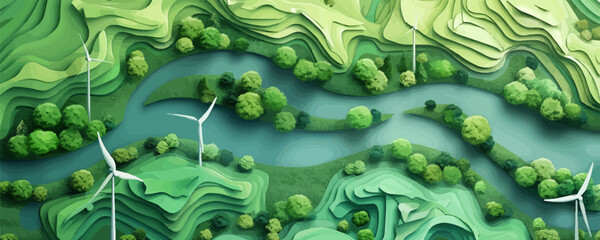 Wall Mural - Landscape green with windmills and rivers, green energy, electricity generation, eco-concept, top view. vector simple illustration