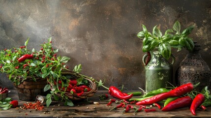 Canvas Print - Spicy peppers and fresh herbs in a rustic setting An artistic blend of flavors