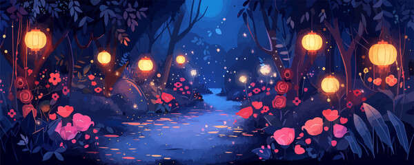 Wall Mural - Enchanted garden pathway lined with blooming flowers, twinkling fairy lights, and whimsical lanterns. Vector flat minimalistic isolated illustration.