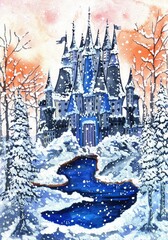 A watercolor mystical castle on a mountain with many peaks, spires and flags in a winter forest with a blue lake. A hand-painted magical winter forest with a palace.