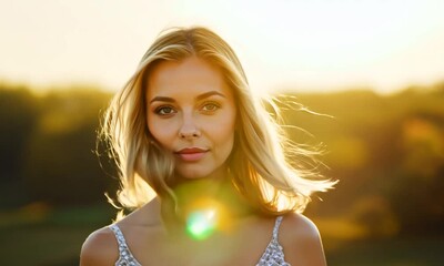 Wall Mural - Beautiful Woman with Windblown Hair at Sunset