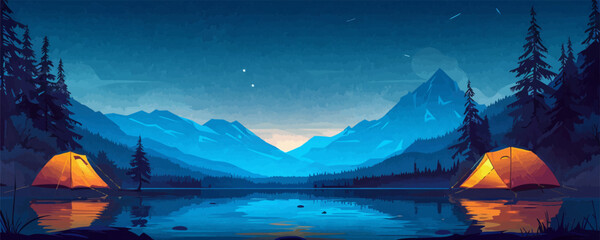 Wall Mural - Tranquil lakeside campsite with tents pitched under a starry night sky. Vector flat minimalistic isolated illustration.