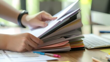 Poster - Person organizing a stack of colorful documents on a wooden desk. Modern office setting with focus on paperwork and productivity. Ideal for concepts of organization and administrative tasks 