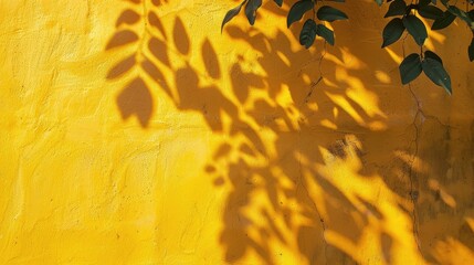 Sticker - Leaves shadow on yellow concrete wall Abstract nature background with text space