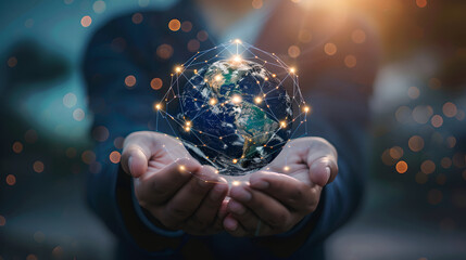 Aufkleber - An image of a hand holding a global network with global media about innovative technology, science and communication taking place in the world.