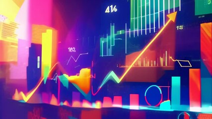 Aufkleber - Colorful abstract financial growth concept with rising arrows and geometric shapes. Depicting economic trends, investment, and market analysis. Ideal for futuristic finance and technology themes 