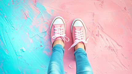 Wall Mural - A close-up shot of a person's feet wearing light blue jeans and pink sneakers. The background features a painted surface, with shades of pastel pink and blue