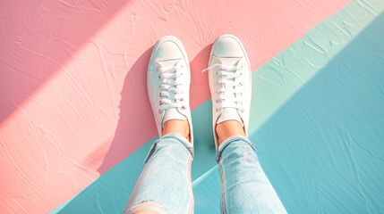 Wall Mural - A close-up shot of female legs in white sneakers on a pastel background, with the light catching the shoes and creating a dreamy aesthetic