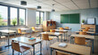 © Adisorn - Empty classroom with desks, chairs, and blackboard, filled with textbooks, notebooks, pencils, and laptops, conveying a sense of studious learning environment.