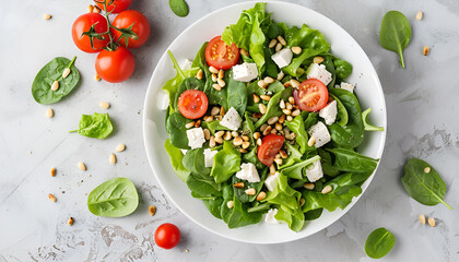 Wall Mural - Dietary salad with tomatoes, feta, lettuce, spinach and pine nuts. Top view. Flat lay