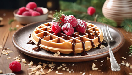 Sticker - Festive waffle topped with raspberries, drizzled in chocolate, sprinkled with powdered sugar