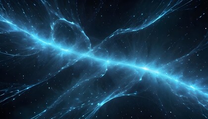 A bright, glowing blue stream of energy flows through a dark, starry space, surrounded by intricate fractal patterns.