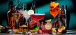 © 5ph - Cocktails. Strong drinks and aperitifs, bar tools, bottles on dark green background, hard light