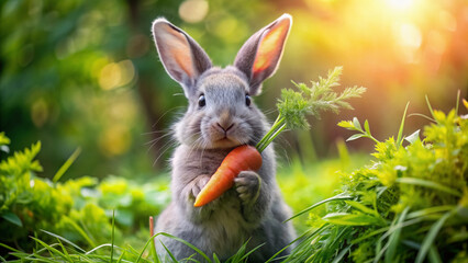 Adorable gray rabbit grasping a vibrant red carrot in its fluffy paws, showcasing innocence and cuteness in a serene wildlife setting amidst lush green nature.