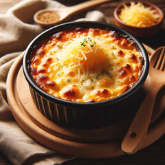 Sticker - A single serving of golden brown mac and cheese topped with shredded cheese and herbs