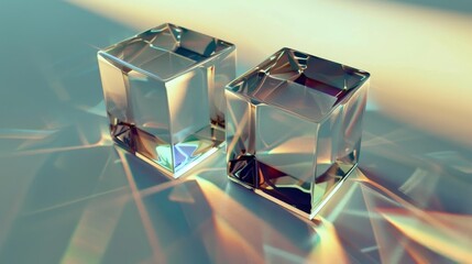 Poster - Two transparent glass cubes with reflections on a smooth surface