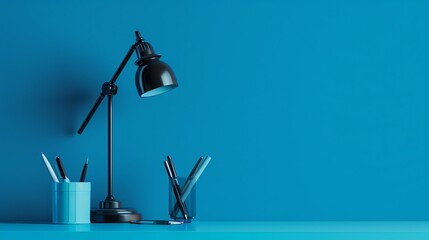 Wall Mural - A minimalist desk with a lamp, a phone, and two pen holders.