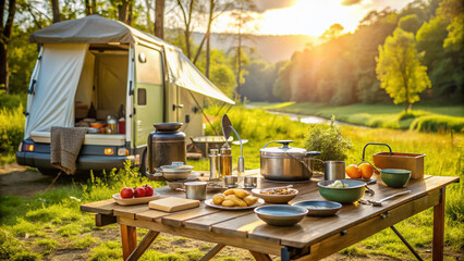 Serene outdoor cooking setup on a sunny day with utensils and ingredients laid out, against a backdrop of a tent and camper van in a natural setting.