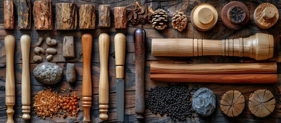 Poster - Wooden Objects Arranged on a Rustic Wooden Surface