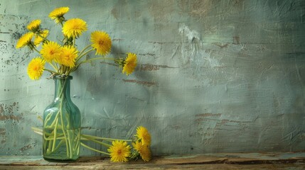 Wall Mural - Rustic summer still life with yellow dandelions in a glass bottle