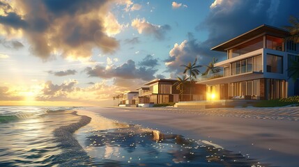 Sunset on the beach, aand luxury houses with ocean views. AI-generated image, travel, vacations concept --ar 16:9 Job ID: e945fb76-fc8f-476d-bfd5-4bb66c8e0fcb