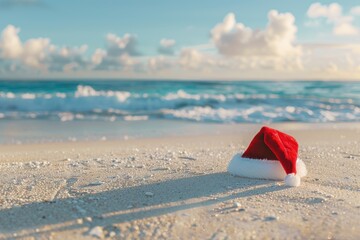 Sant Claus hat on the exotic shore with ocean or sea on background, banner with copy space. Christmas celebration