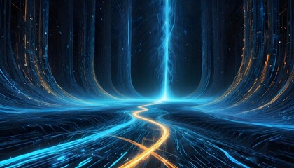 A surreal digital artwork depicting a futuristic, glowing, neon landscape resembling a digital highway or data stream. The scene is dominated by a pathway of bright yellow light traversing through