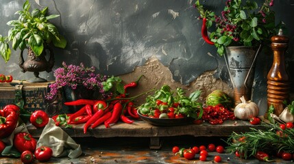 Canvas Print - Spicy peppers and fresh herbs in a rustic setting An artistic blend of flavors